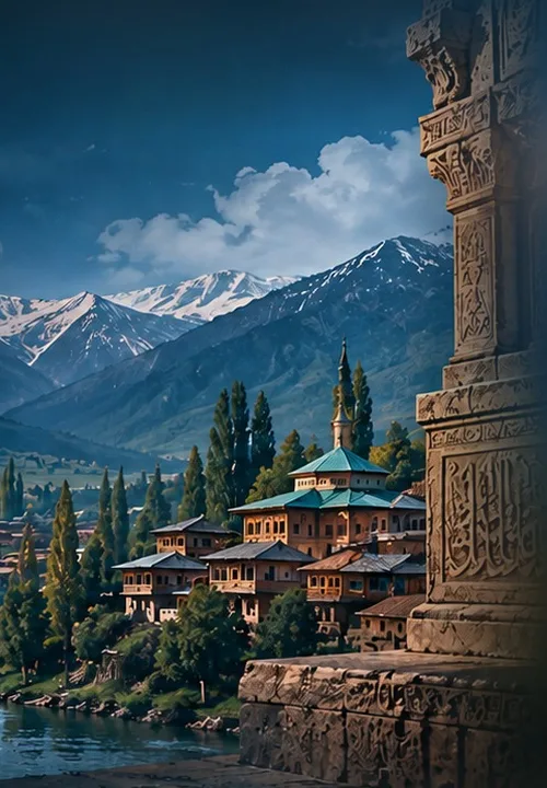 A Kashmiri town with a green-roofed shrine beside a river, mountains behind